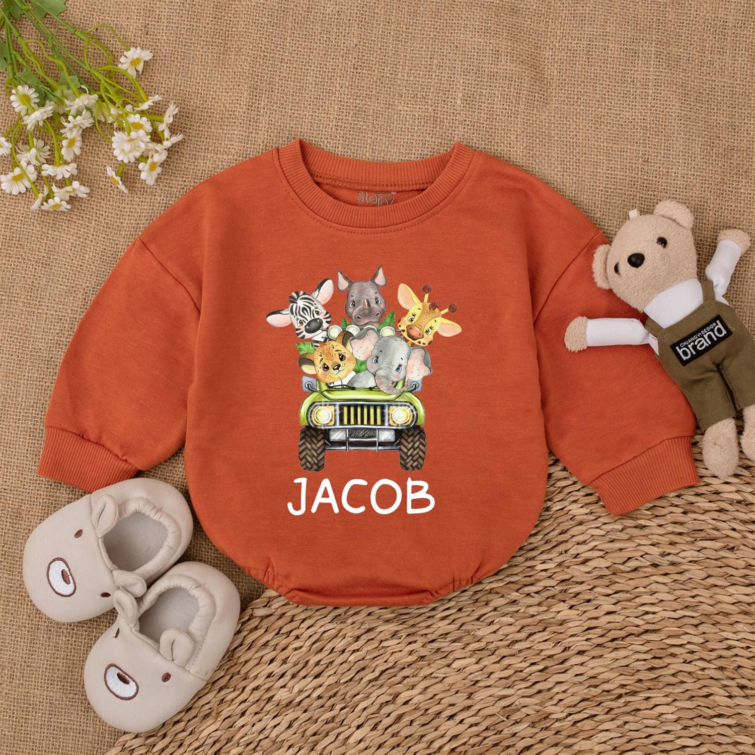 Personalized Safari Animals Name Romper for Baby Boy First Birthday Wild One Jungle Party Outfit Green Vehicle