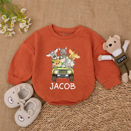 Personalized Safari Animals Name Romper for Baby Boy First Birthday Wild One Jungle Party Outfit Green Vehicle
