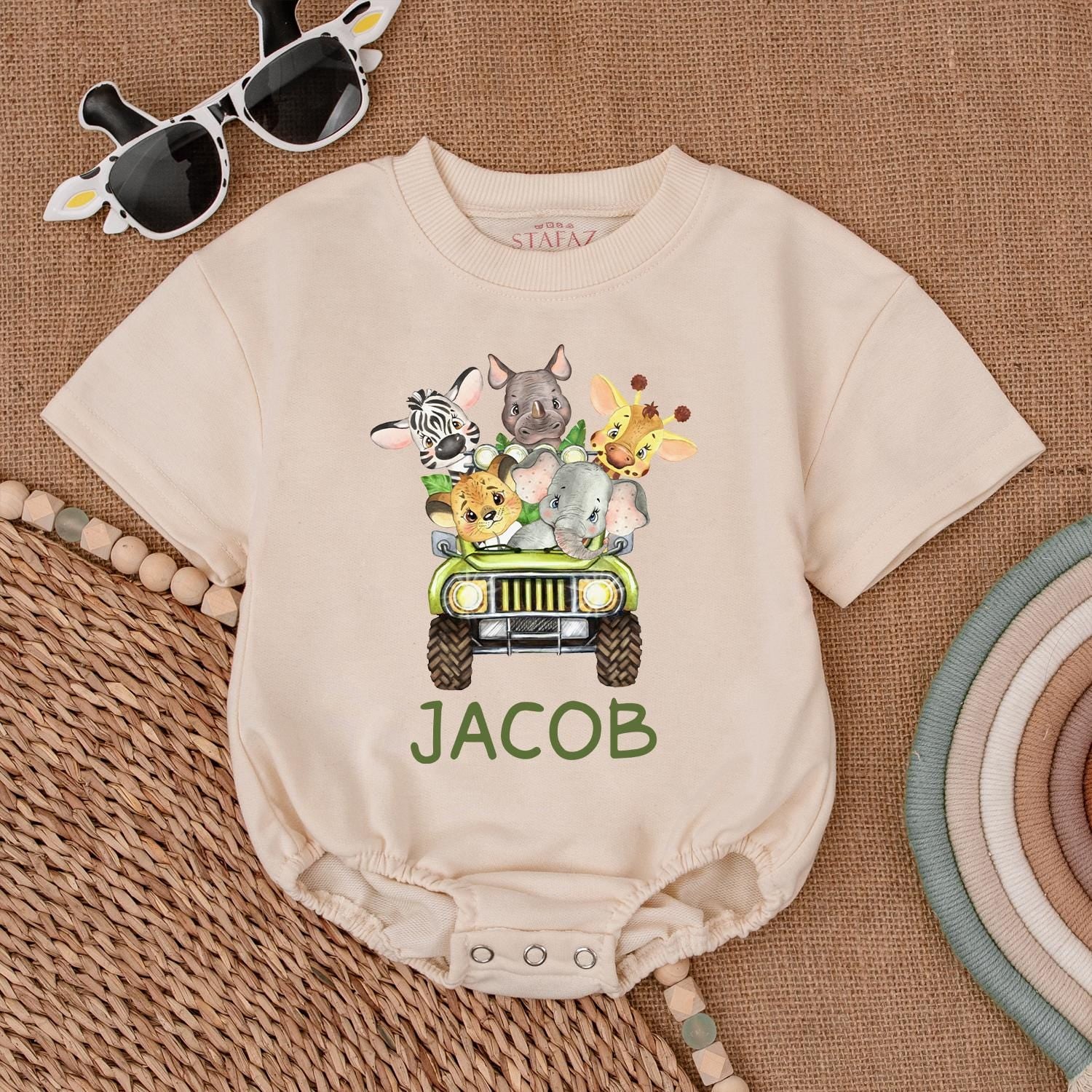 Personalized Safari Animals Name Romper for Baby Boy First Birthday Wild One Jungle Party Outfit Green Vehicle