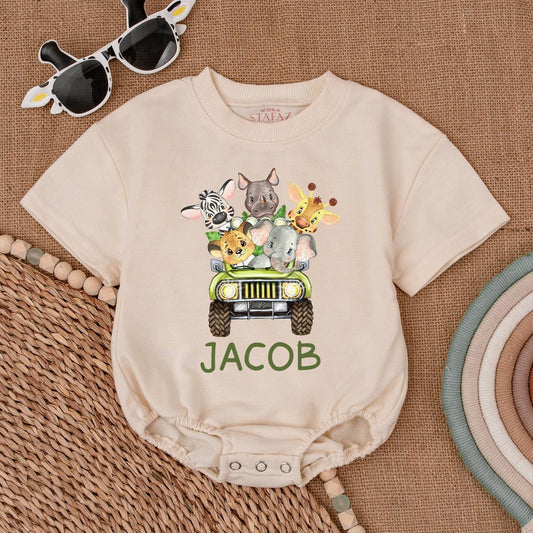 Personalized Safari Animals Name Romper for Baby Boy First Birthday Wild One Jungle Party Outfit Green Vehicle