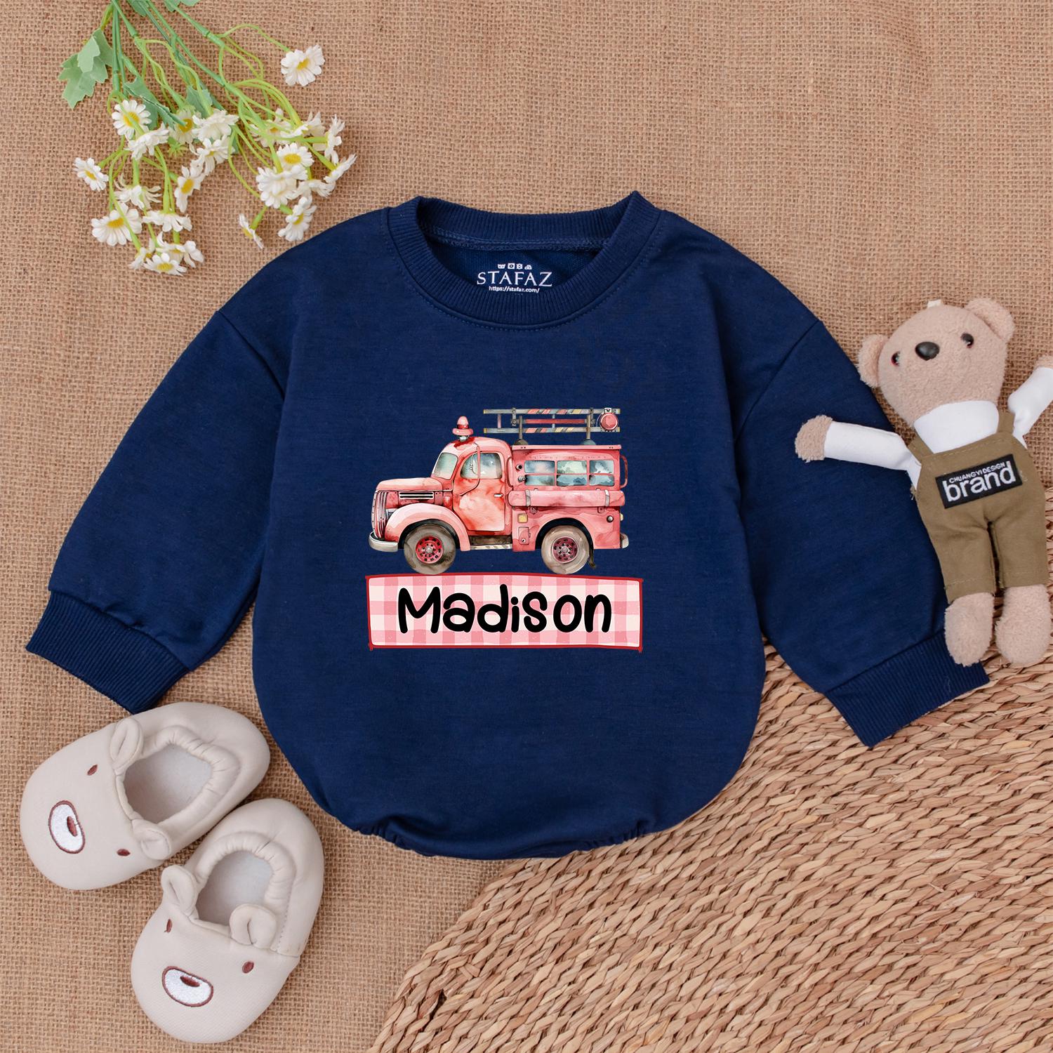 Custom Firetruck Name Romper for Baby Boys First Birthday Gift Firefighter Toddler Shirt Newborn Fire Truck Outfit