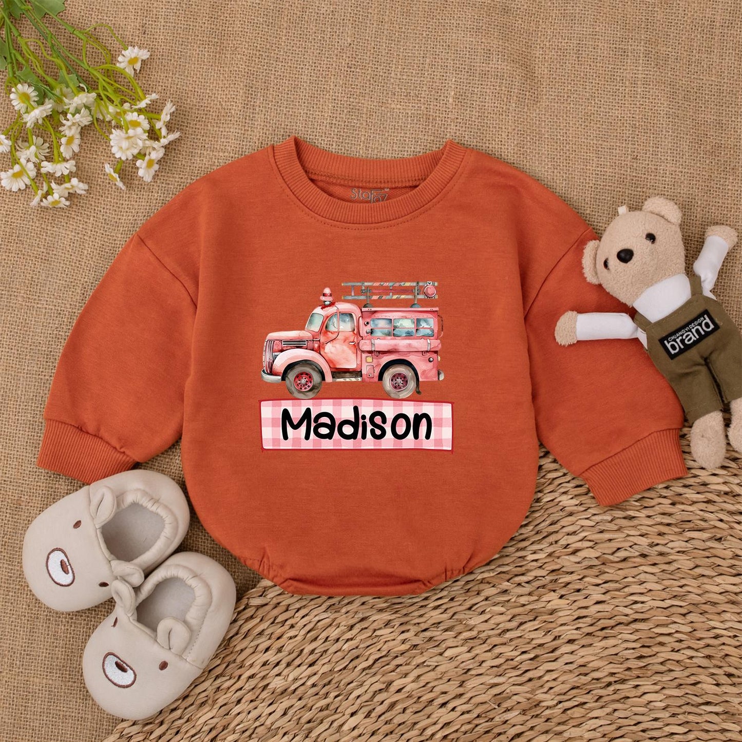 Custom Firetruck Name Romper for Baby Boys First Birthday Gift Firefighter Toddler Shirt Newborn Fire Truck Outfit