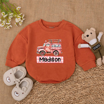 Custom Firetruck Name Romper for Baby Boys First Birthday Gift Firefighter Toddler Shirt Newborn Fire Truck Outfit