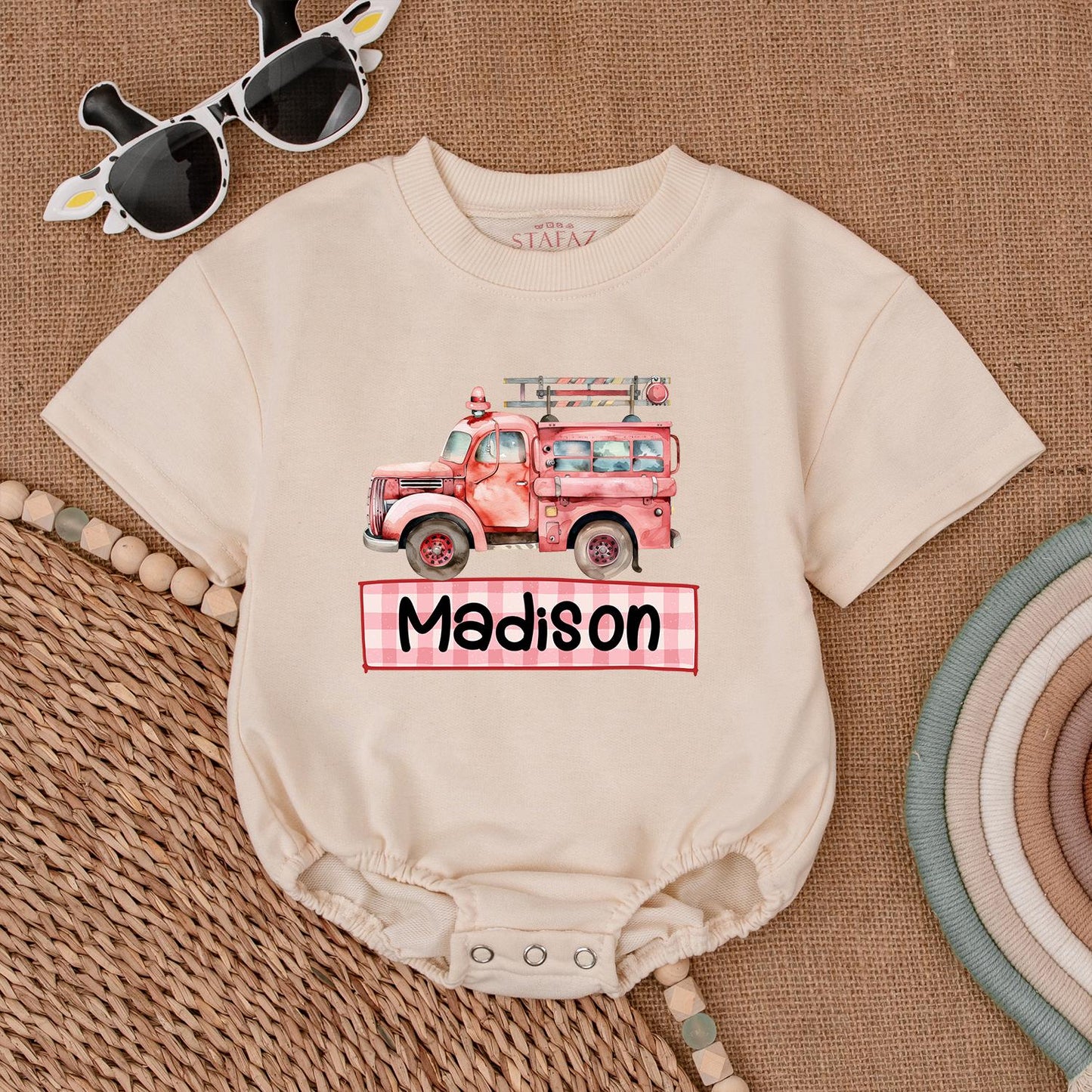 Custom Firetruck Name Romper for Baby Boys First Birthday Gift Firefighter Toddler Shirt Newborn Fire Truck Outfit