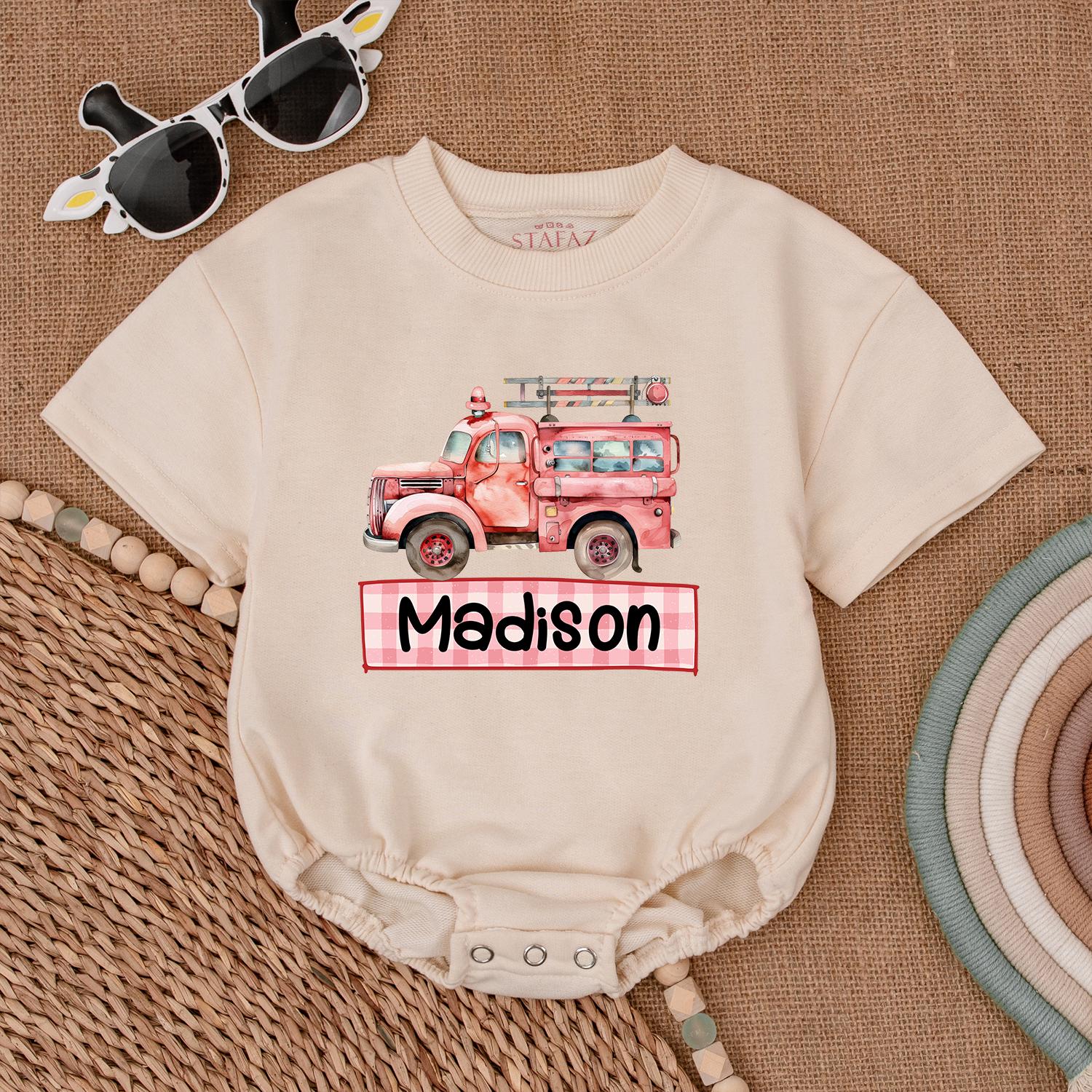 Custom Firetruck Name Romper for Baby Boys First Birthday Gift Firefighter Toddler Shirt Newborn Fire Truck Outfit