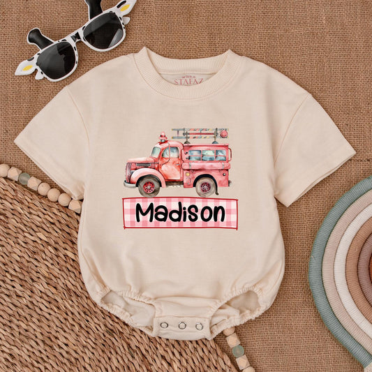 Custom Firetruck Name Romper for Baby Boys First Birthday Gift Firefighter Toddler Shirt Newborn Fire Truck Outfit