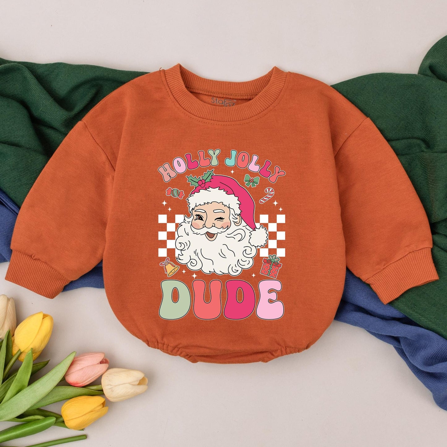 Holly Jolly Dude Christmas Romper Winking Santa Baby Christmas Outfit Fun First Holiday Design Bright Checkered Newborn Gift Boys Girls