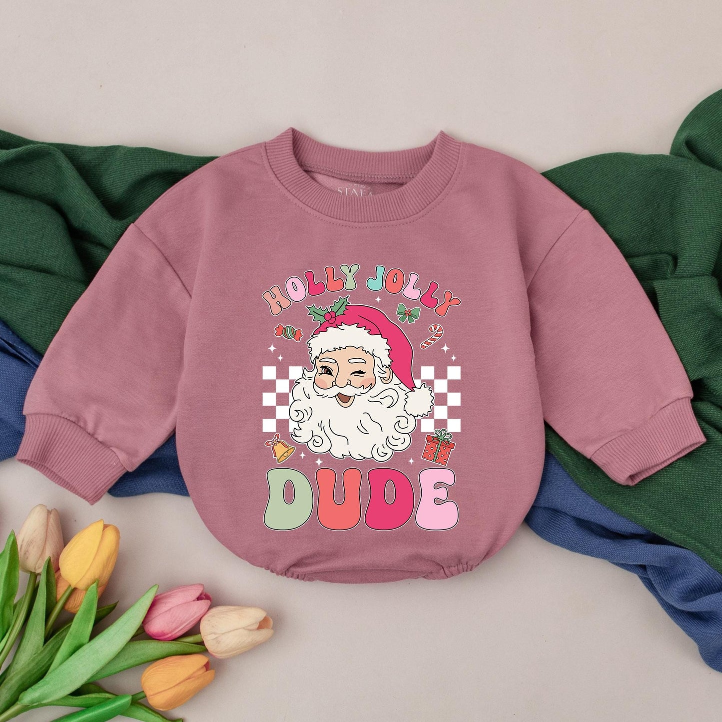 Holly Jolly Dude Christmas Romper Winking Santa Baby Christmas Outfit Fun First Holiday Design Bright Checkered Newborn Gift Boys Girls