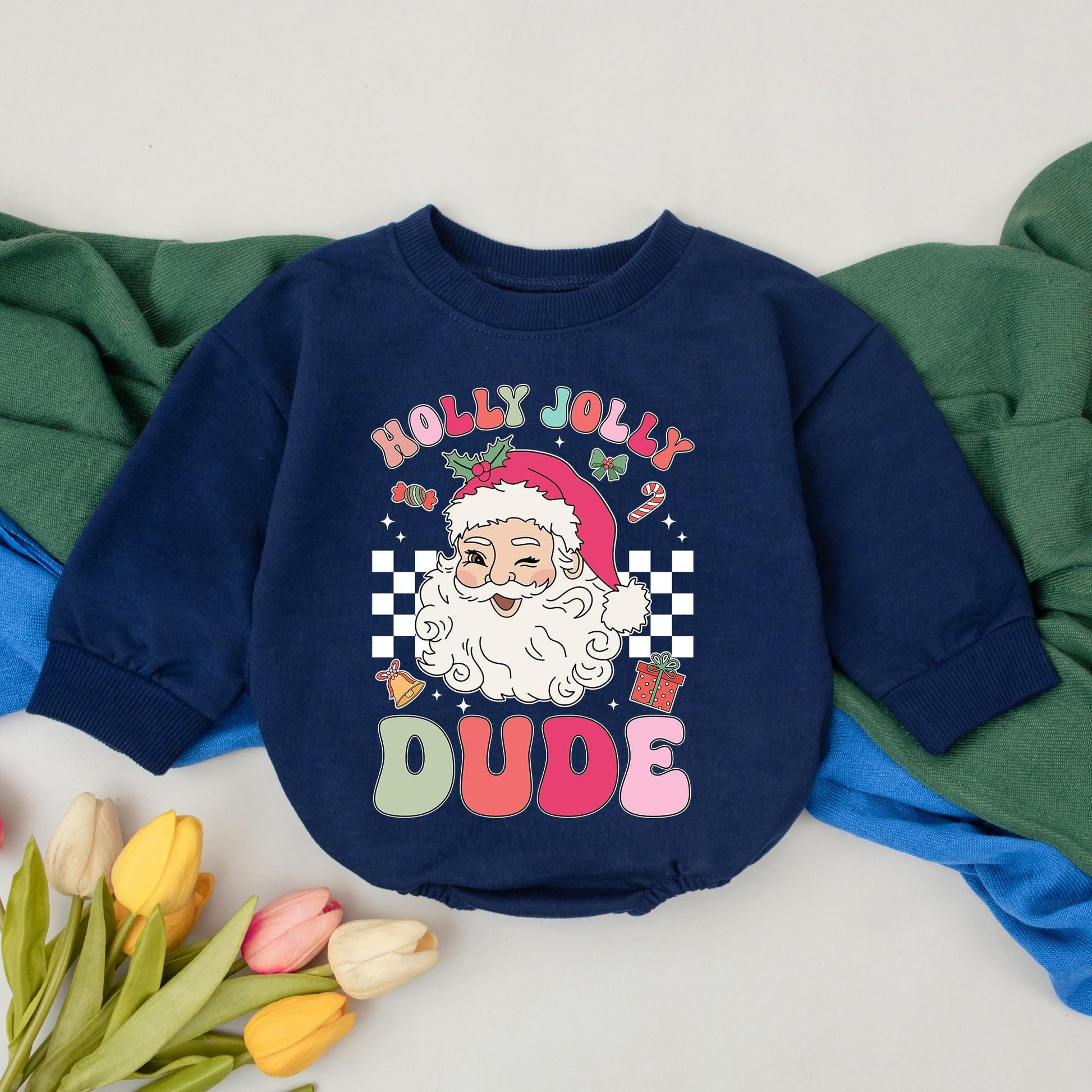 Holly Jolly Dude Christmas Romper Winking Santa Baby Christmas Outfit Fun First Holiday Design Bright Checkered Newborn Gift Boys Girls