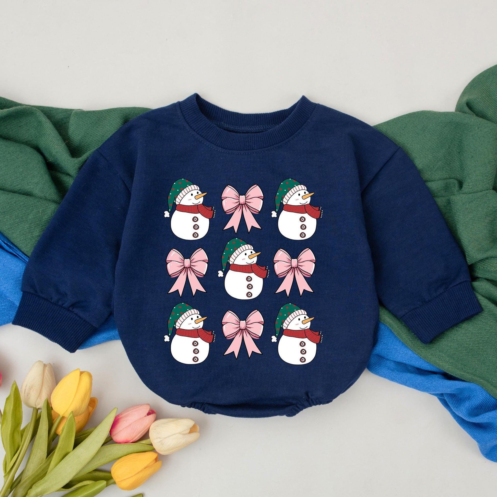 Retro Snowman Christmas Bubble Romper Baby Girls Boys Holiday Outfit featuring Pink Bows Green Red Hats New Baby Shower Gift