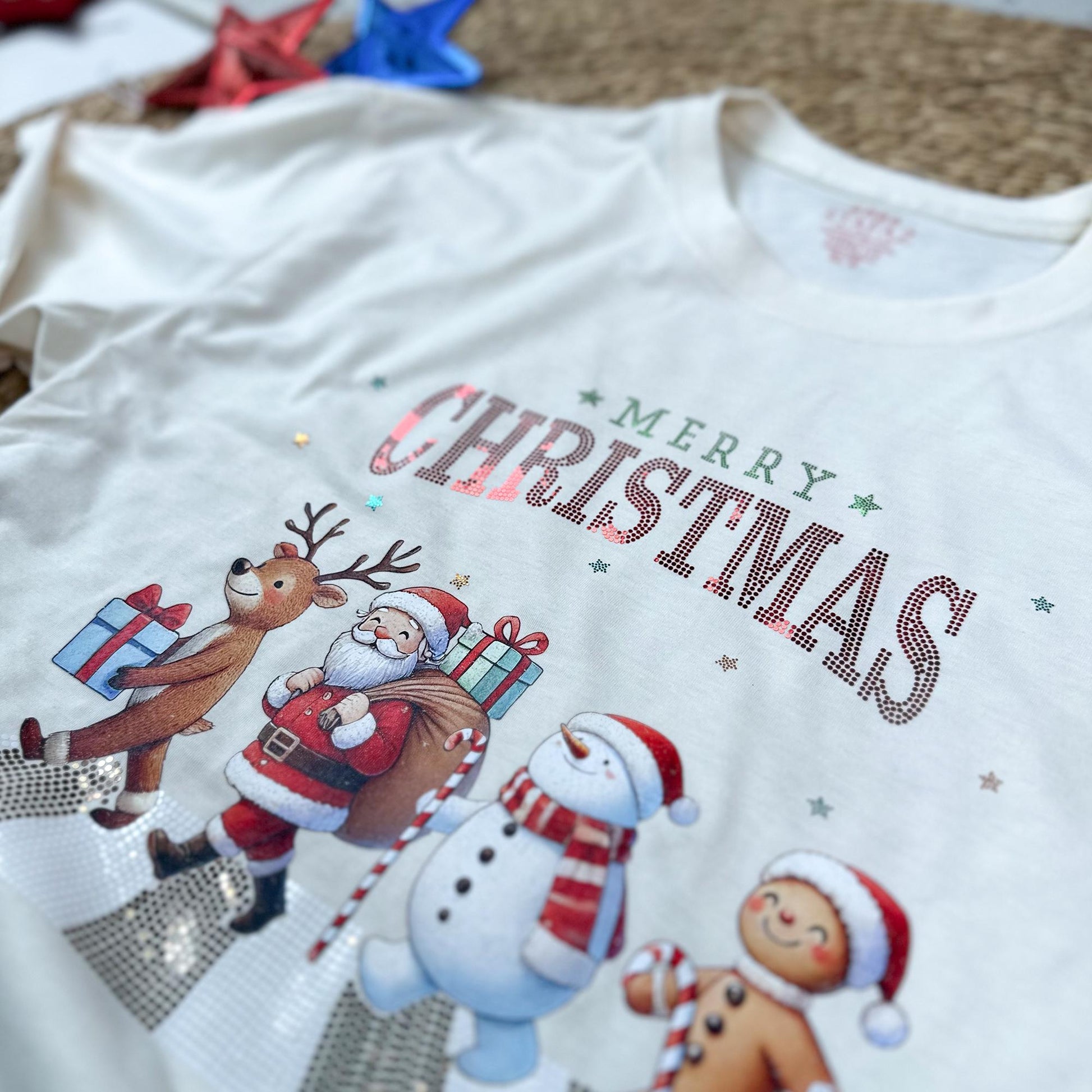 Sparkly Merry Christmas Shirt - Retro Xmas Parade Tee with Glitter & Festive Holiday Characters - Funny Gift