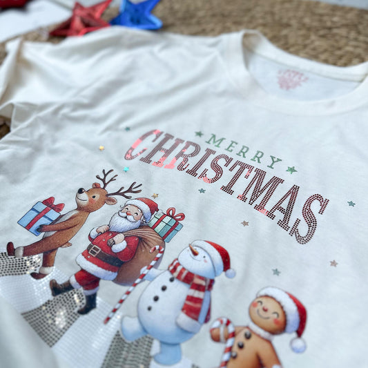 Sparkly Merry Christmas Shirt - Retro Xmas Parade Tee with Glitter & Festive Holiday Characters - Funny Gift