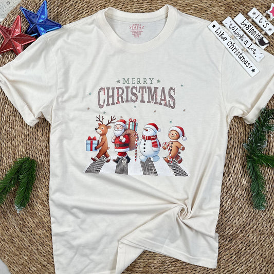 Sparkly Merry Christmas Shirt - Retro Xmas Parade Tee with Glitter & Festive Holiday Characters - Funny Gift