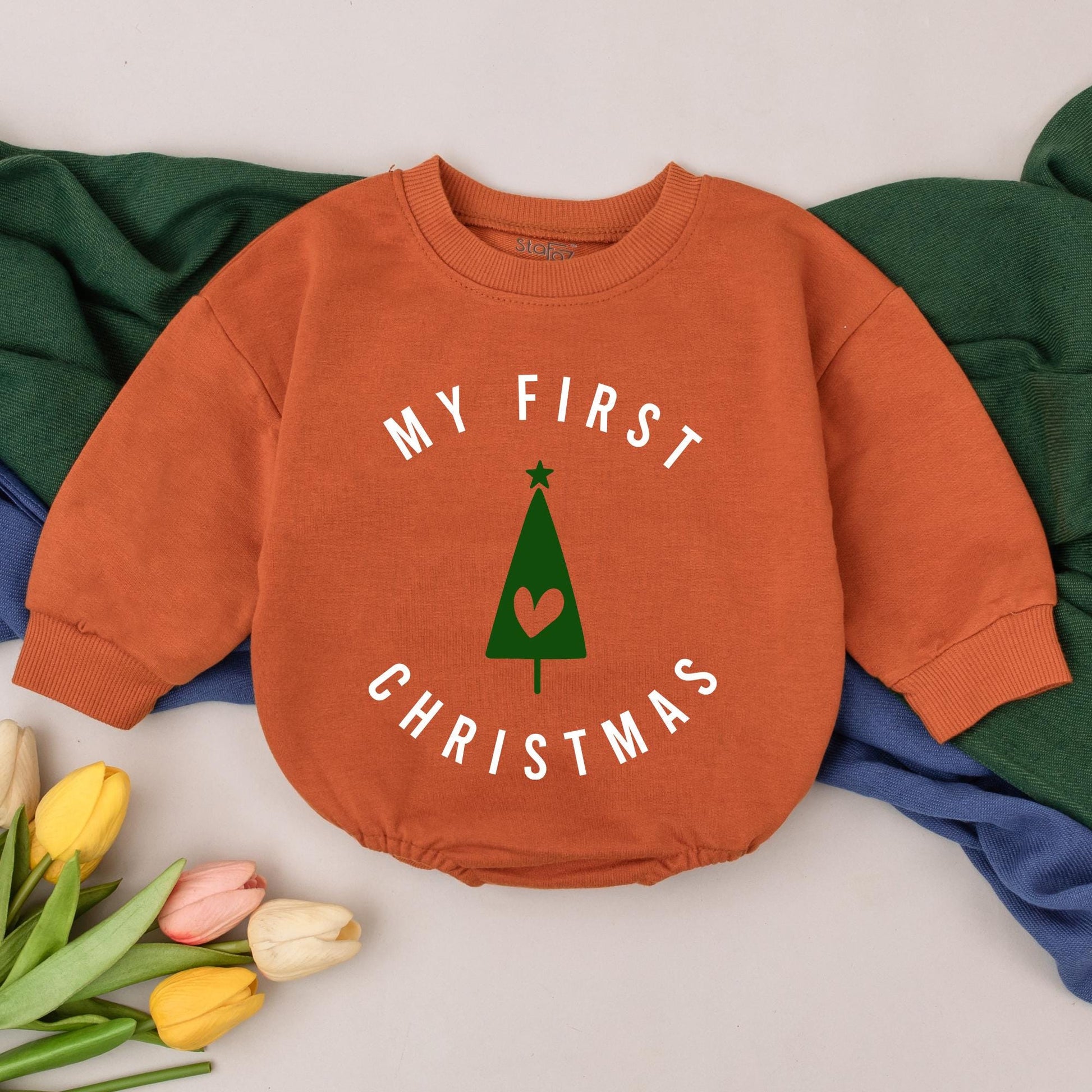 My First Christmas Baby Romper featuring Clean Minimalist Green Tree Design with Heart Star for Newborn Girls Boys 1st Celebration Bubble Outfit New Baby Shower Gift