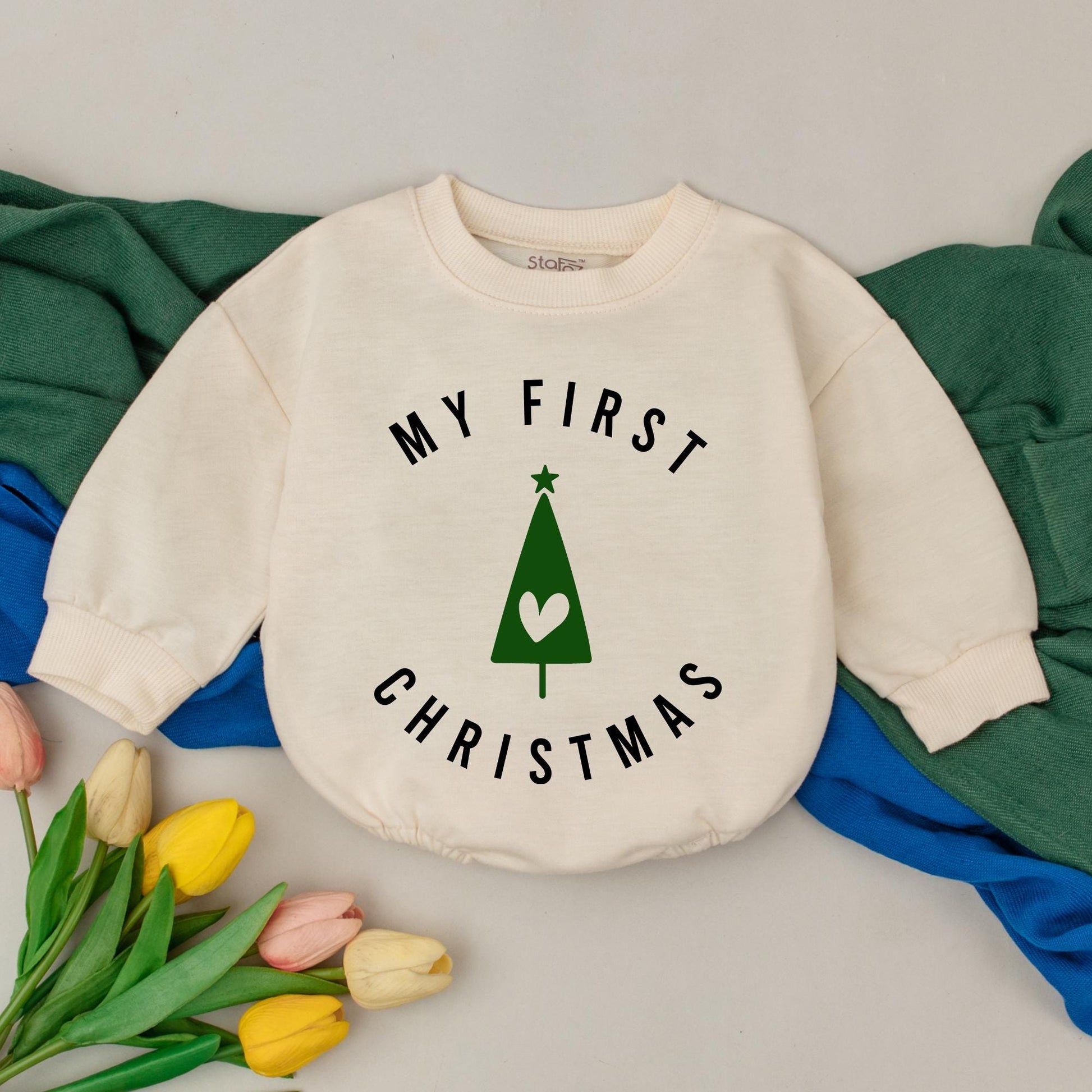 My First Christmas Baby Romper featuring Clean Minimalist Green Tree Design with Heart Star for Newborn Girls Boys 1st Celebration Bubble Outfit New Baby Shower Gift