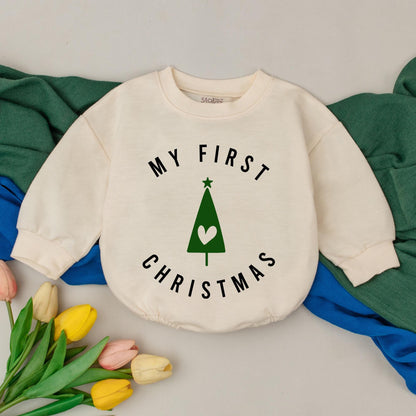 My First Christmas Baby Romper featuring Clean Minimalist Green Tree Design with Heart Star for Newborn Girls Boys 1st Celebration Bubble Outfit New Baby Shower Gift