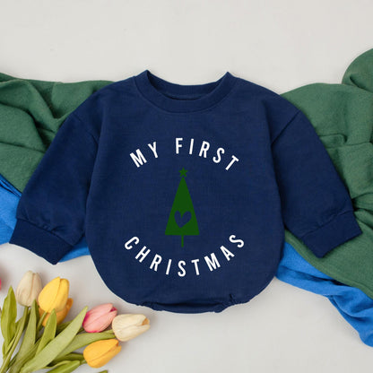 My First Christmas Baby Romper featuring Clean Minimalist Green Tree Design with Heart Star for Newborn Girls Boys 1st Celebration Bubble Outfit New Baby Shower Gift