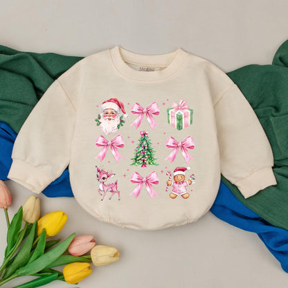Retro Christmas Baby Bubble Romper first holiday Santa outfit for girls featuring festive gingerbread man, pink fawn, and tree design with sparkling details