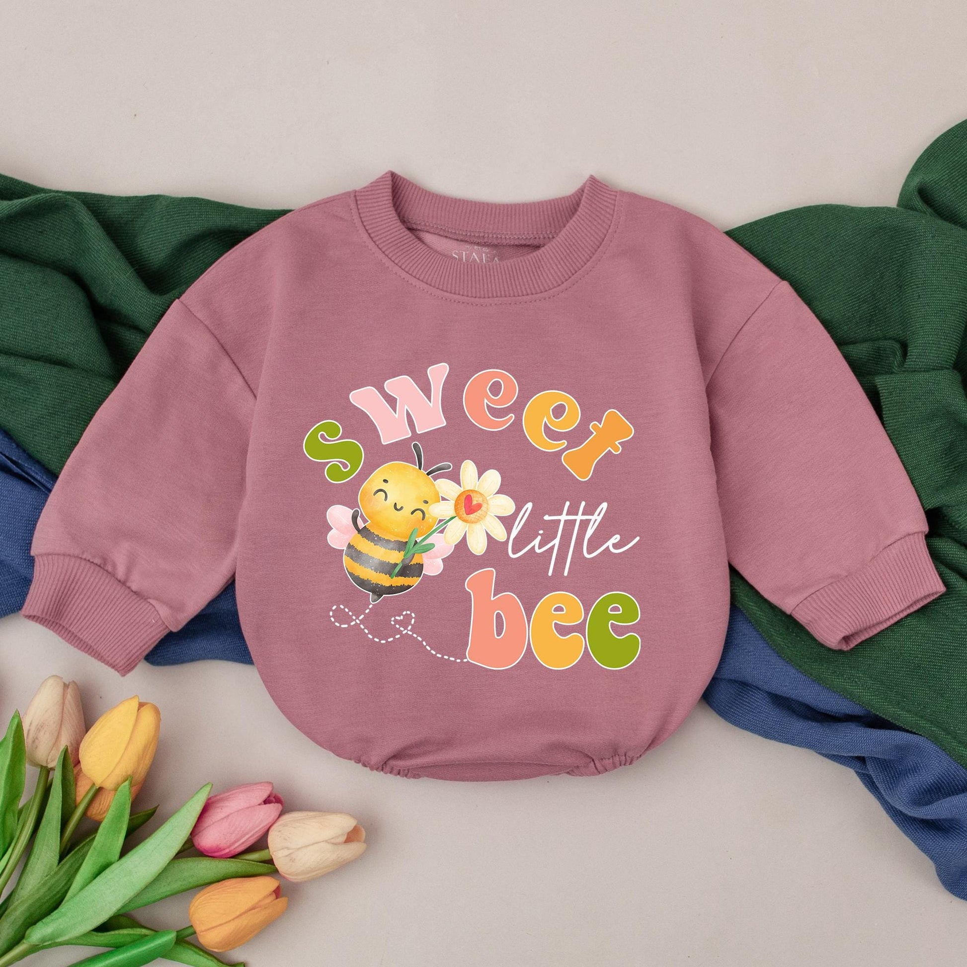Sweet Little Bee Baby Girl Romper Cute Daisy Design First Birthday Outfit & Baby Shower Gift Playful Green Pink Orange Cartoon Bee Flight Path