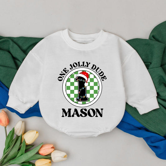 Personalized One Jolly Dude First Christmas Bubble Romper Baby Outfit Custom Name Newborn Boy Girl Gift Festive Checkered Lights Design