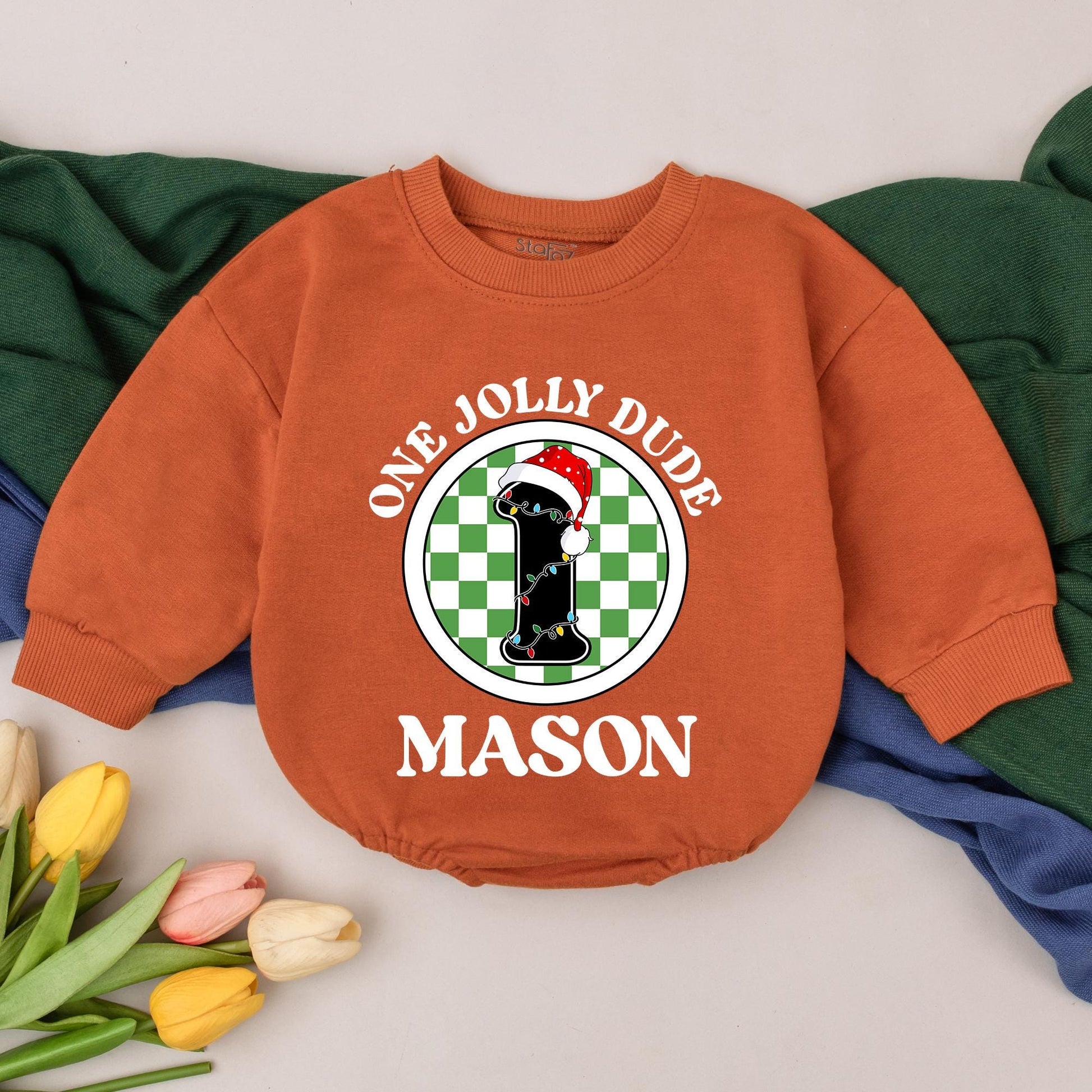 Personalized One Jolly Dude First Christmas Bubble Romper Baby Outfit Custom Name Newborn Boy Girl Gift Festive Checkered Lights Design
