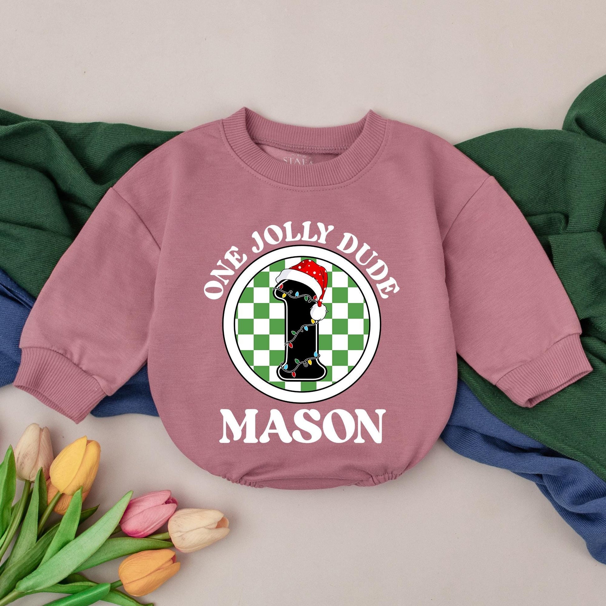 Personalized One Jolly Dude First Christmas Bubble Romper Baby Outfit Custom Name Newborn Boy Girl Gift Festive Checkered Lights Design