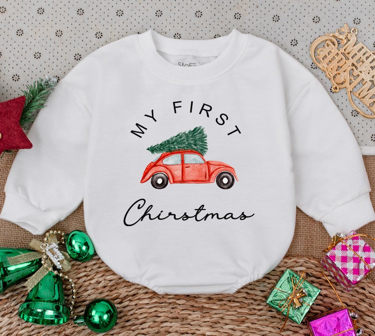 My First Christmas Romper Sweatshirt Baby Red Car Christmas Tree Holiday Outfit Newborn Bodysuit Winter Clothes Gift