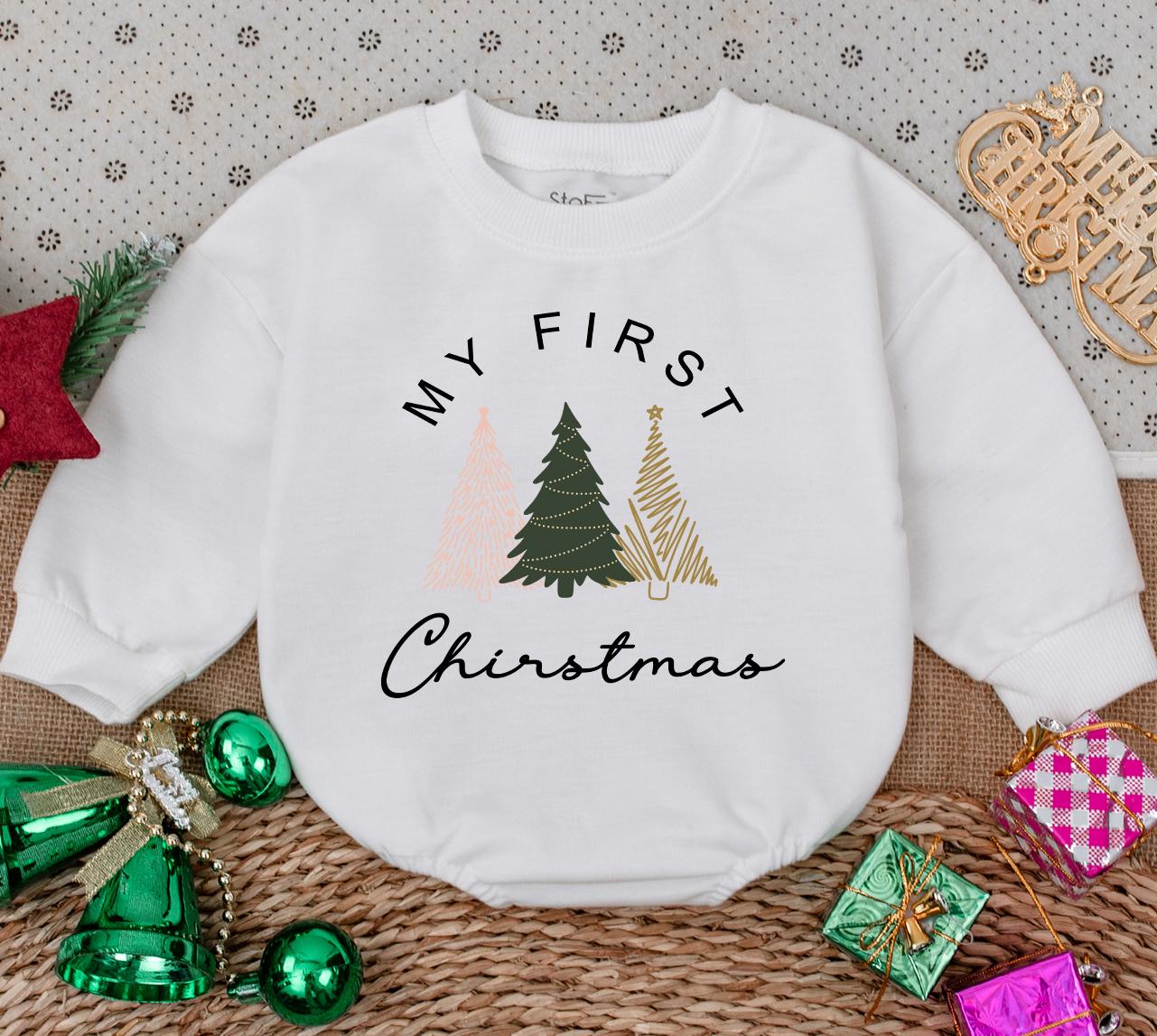 My First Christmas Baby Romper Sweatshirt with Pink Green Gold Tree Design Newborn Winter Holiday Outfit Sweet Handcrafted Baby Shower Gift