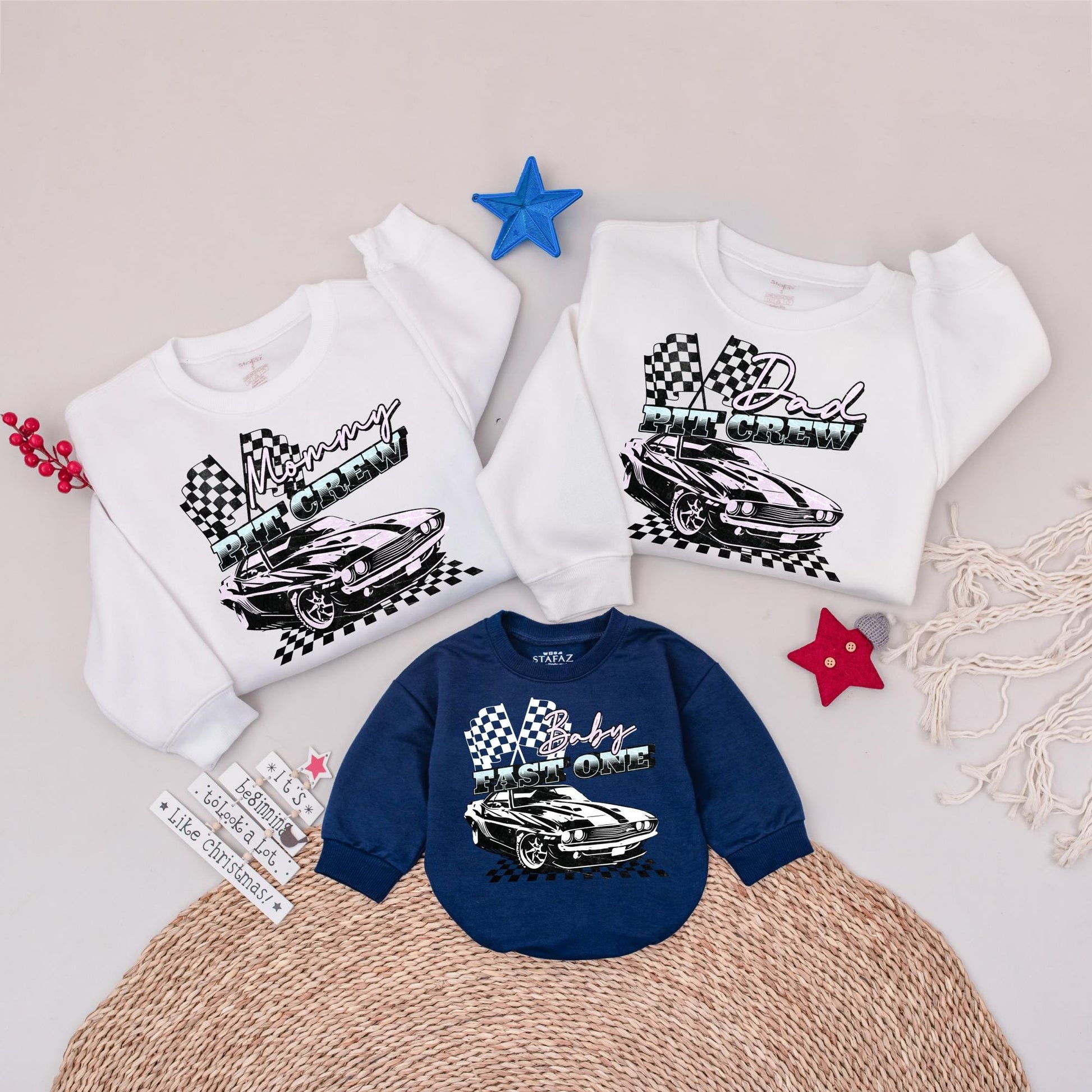 Fast One Pit Crew First Birthday Matching Family Shirts, Retro Race Car Party Apparel with Holographic Sparkle Flags
