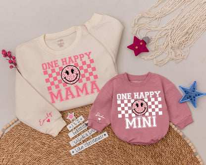 One Happy Babe Birthday Sweatshirt Smiley Face Outfit Mommy and Me First Birthday Matching Family Party Clothes