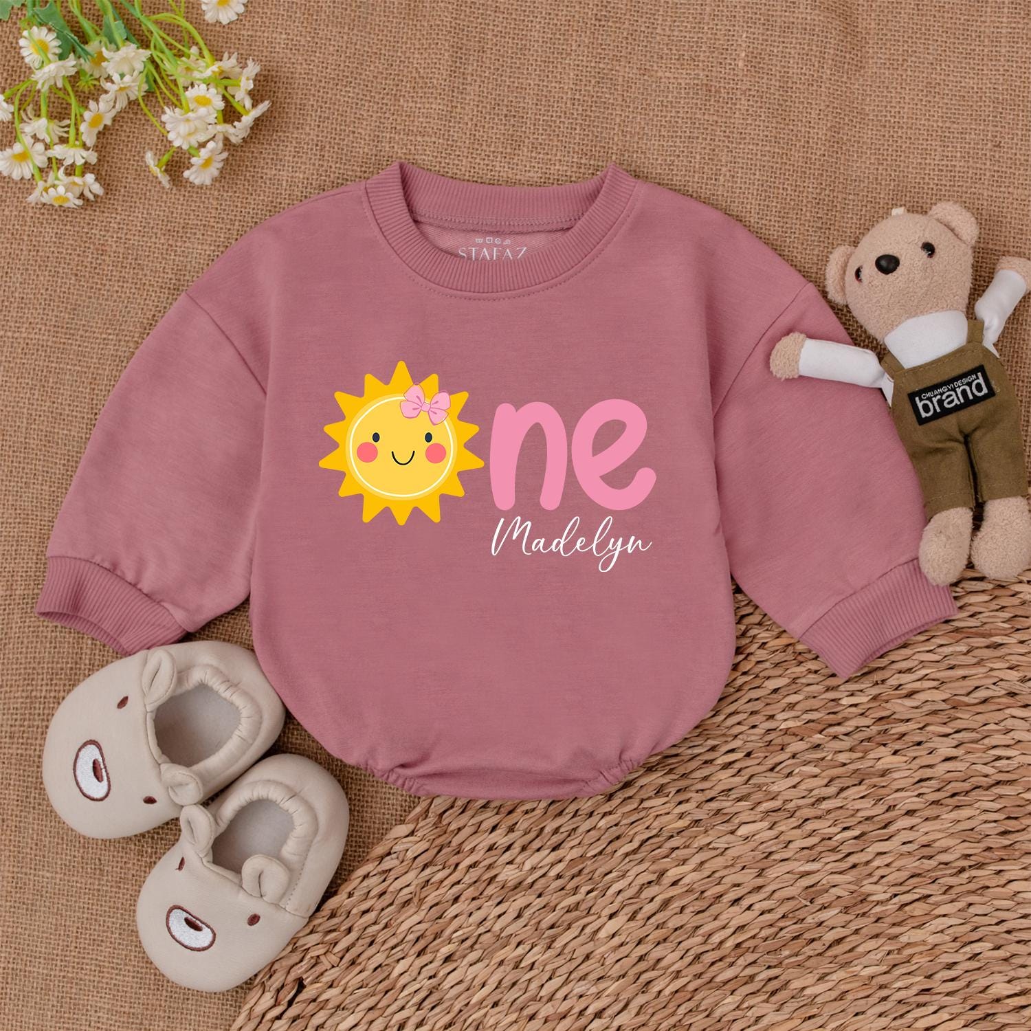 Custom Sunshine First Birthday Girl Romper Pink Bow Graphic Cheer Yellow Baby Bodysuit One Year Old Madelyn Outfit Shower Gift