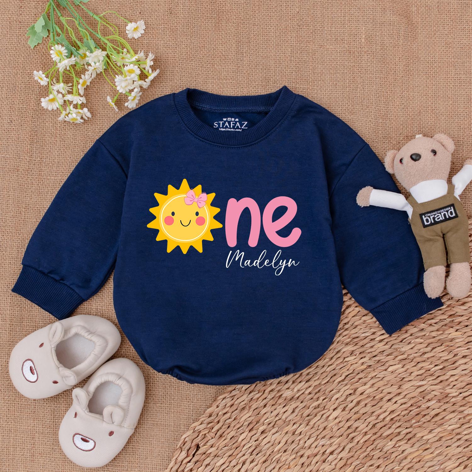 Custom Sunshine First Birthday Girl Romper Pink Bow Graphic Cheer Yellow Baby Bodysuit One Year Old Madelyn Outfit Shower Gift