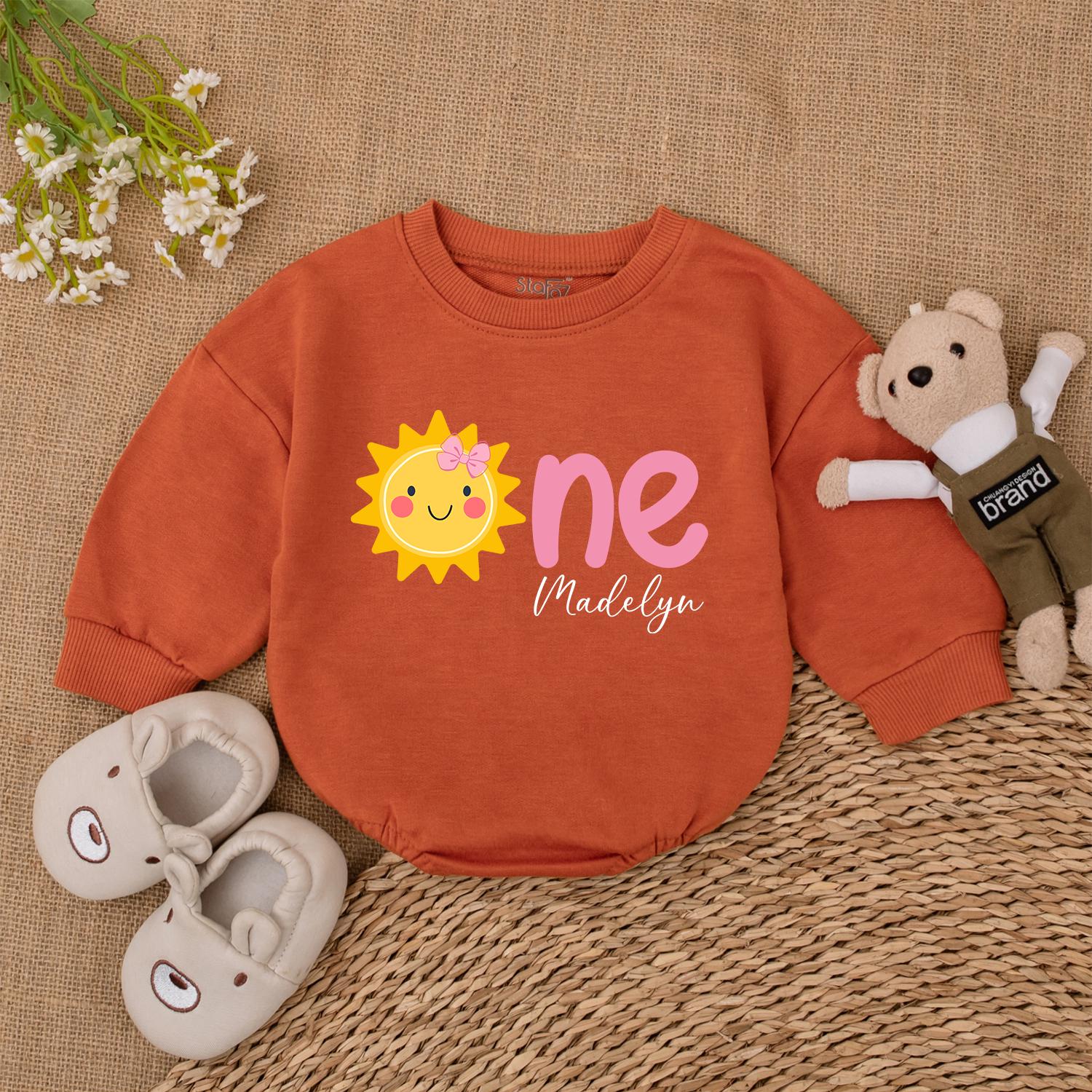 Custom Sunshine First Birthday Girl Romper Pink Bow Graphic Cheer Yellow Baby Bodysuit One Year Old Madelyn Outfit Shower Gift