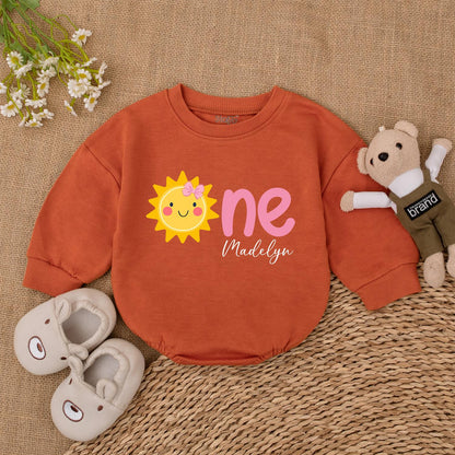 Custom Sunshine First Birthday Girl Romper Pink Bow Graphic Cheer Yellow Baby Bodysuit One Year Old Madelyn Outfit Shower Gift