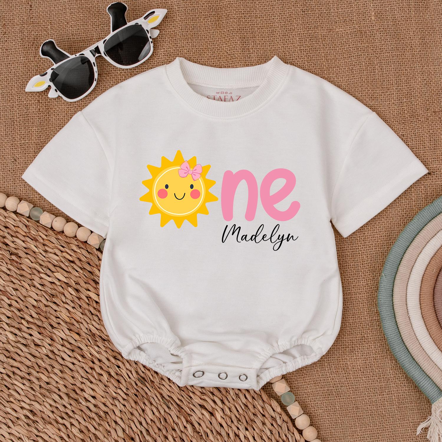 Custom Sunshine First Birthday Girl Romper Pink Bow Graphic Cheer Yellow Baby Bodysuit One Year Old Madelyn Outfit Shower Gift