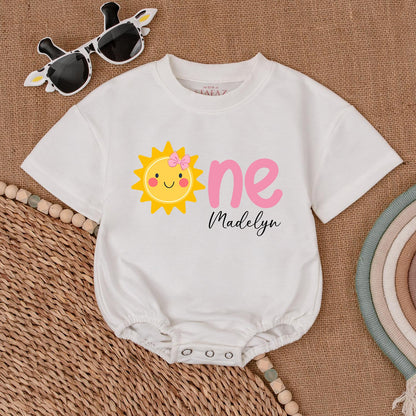 Custom Sunshine First Birthday Girl Romper Pink Bow Graphic Cheer Yellow Baby Bodysuit One Year Old Madelyn Outfit Shower Gift