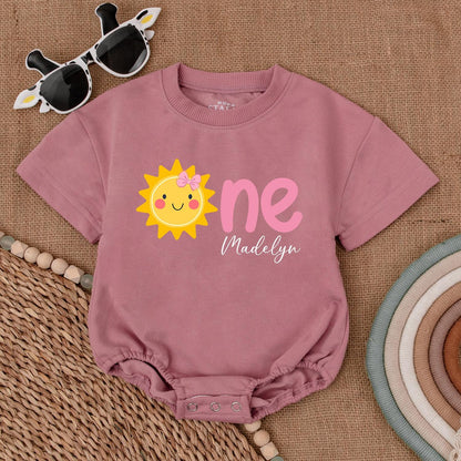 Custom Sunshine First Birthday Girl Romper Pink Bow Graphic Cheer Yellow Baby Bodysuit One Year Old Madelyn Outfit Shower Gift