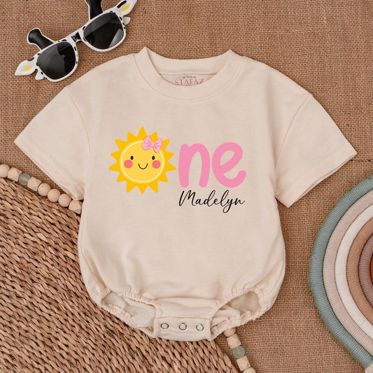 Custom Sunshine First Birthday Girl Romper Pink Bow Graphic Cheer Yellow Baby Bodysuit One Year Old Madelyn Outfit Shower Gift