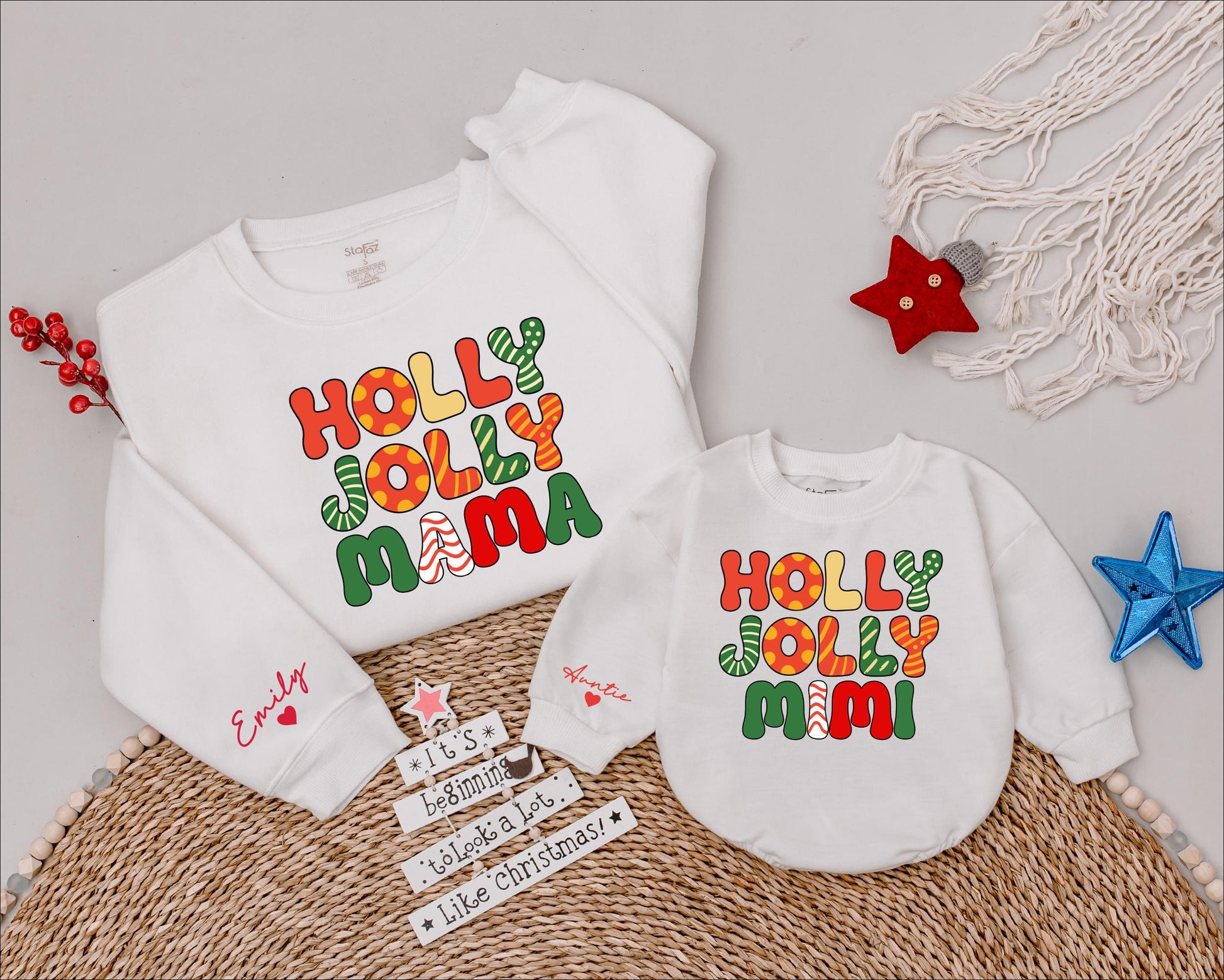 Personalized Holly Jolly Mama Family Christmas Shirt Festive Retro Polka Dot Stripe Design Name Added Holiday Matching Apparel