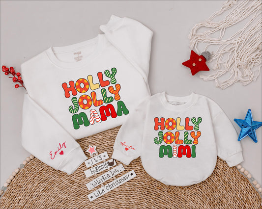 Personalized Holly Jolly Mama Family Christmas Shirt Festive Retro Polka Dot Stripe Design Name Added Holiday Matching Apparel