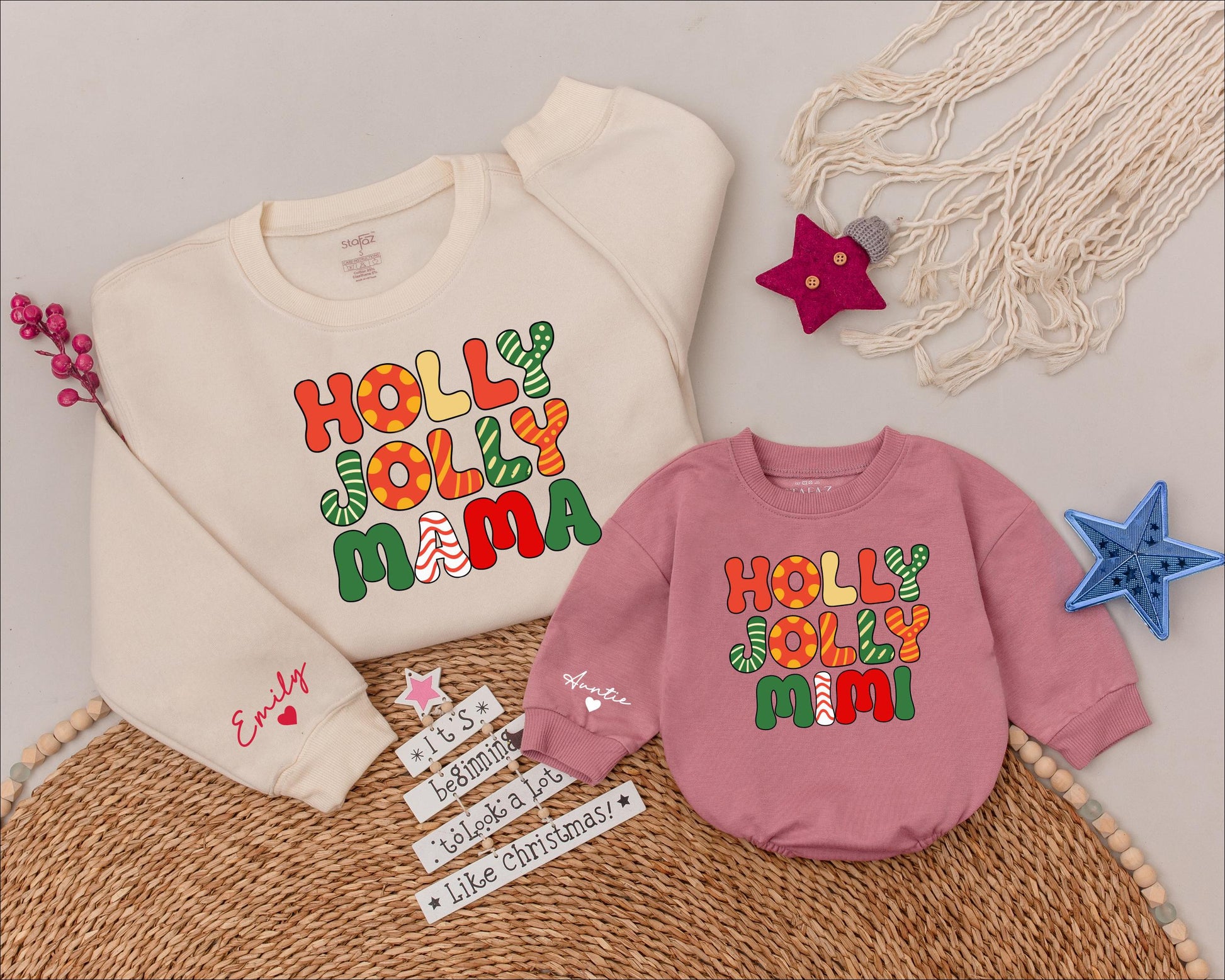 Personalized Holly Jolly Mama Family Christmas Shirt Festive Retro Polka Dot Stripe Design Name Added Holiday Matching Apparel