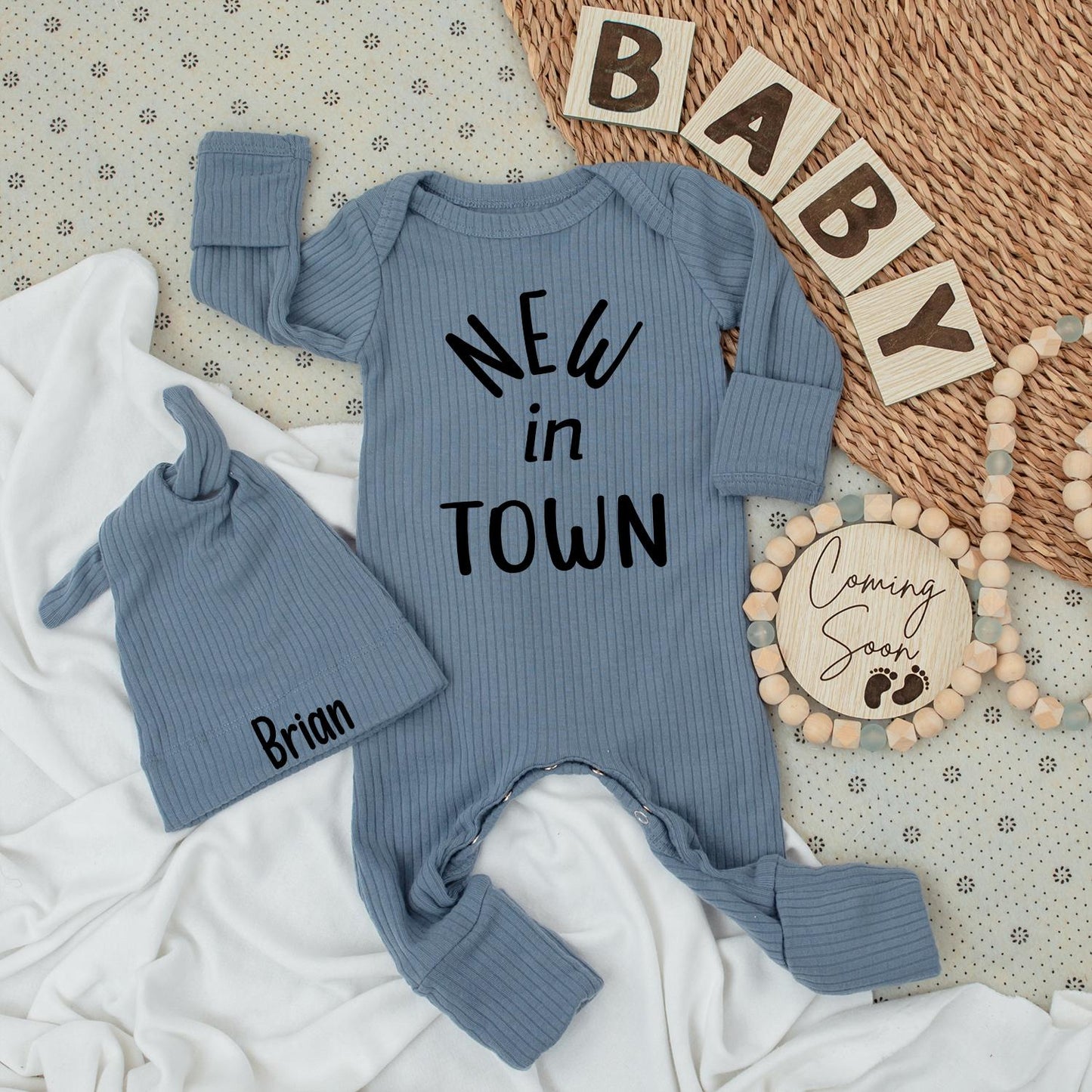 Personalized New in Town Baby Bodysuit and Hat Set for Newborns, Coming Home Outfit, Baby Shower Gift, Modern Black Font, Unisex Infant Welcome