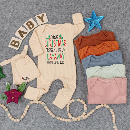 Personalized Christmas Present On Layaway Baby Bodysuit Hat Set Newborn Name Christmas Pregnancy Announcement Shower Gift Holiday Outfit