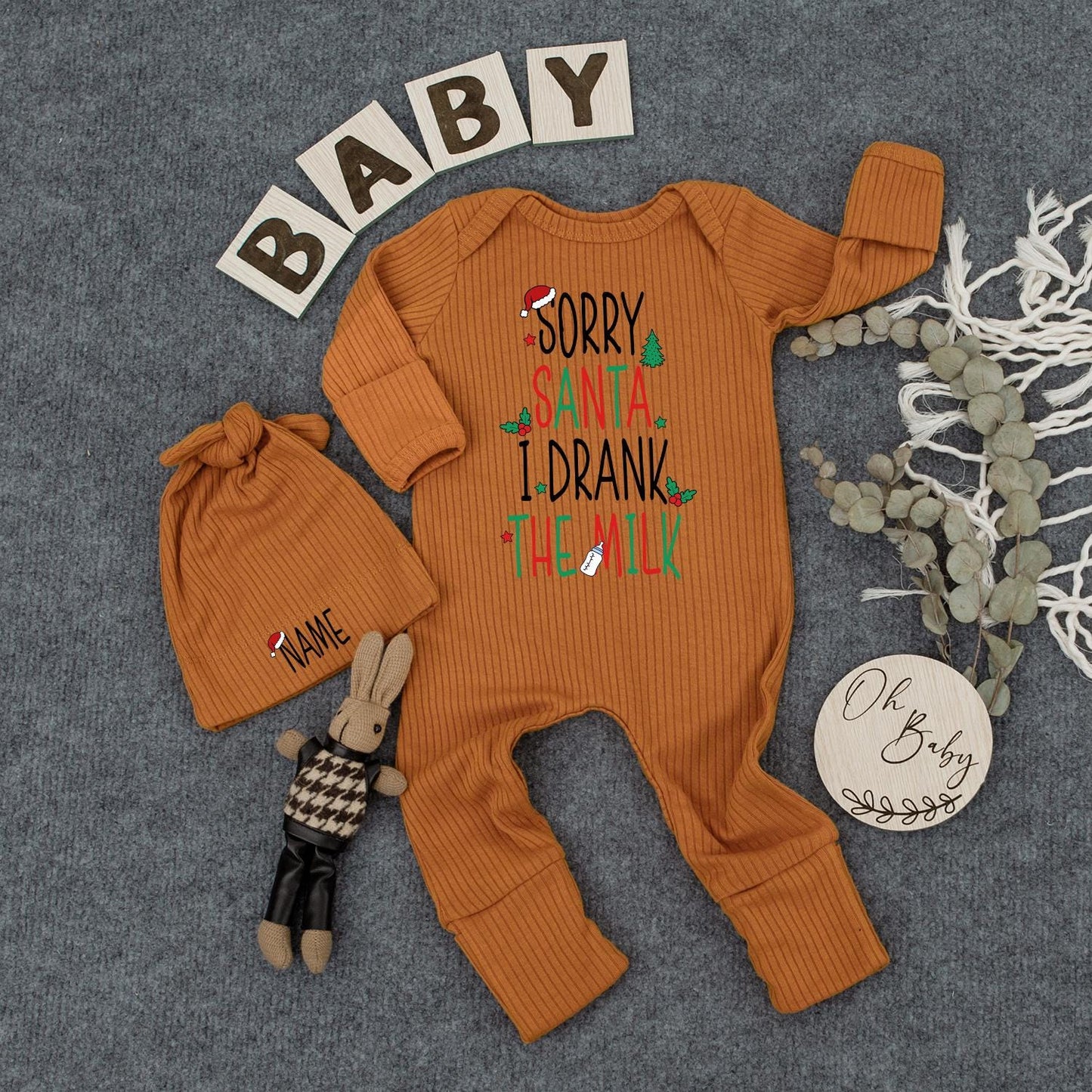 Custom Sorry Santa I Drank The Milk Baby Bodysuit Hat Christmas Newborn Outfit playful festive design perfect Baby Shower Gift Coming Home First Xmas