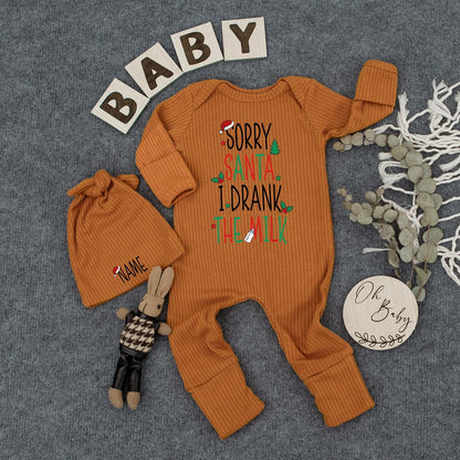 Custom Sorry Santa I Drank The Milk Baby Bodysuit Hat Christmas Newborn Outfit playful festive design perfect Baby Shower Gift Coming Home First Xmas
