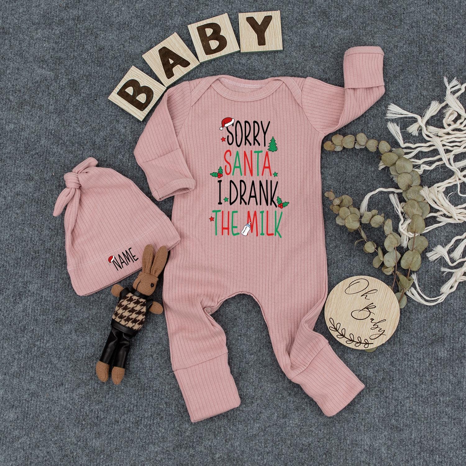 Custom Sorry Santa I Drank The Milk Baby Bodysuit Hat Christmas Newborn Outfit playful festive design perfect Baby Shower Gift Coming Home First Xmas