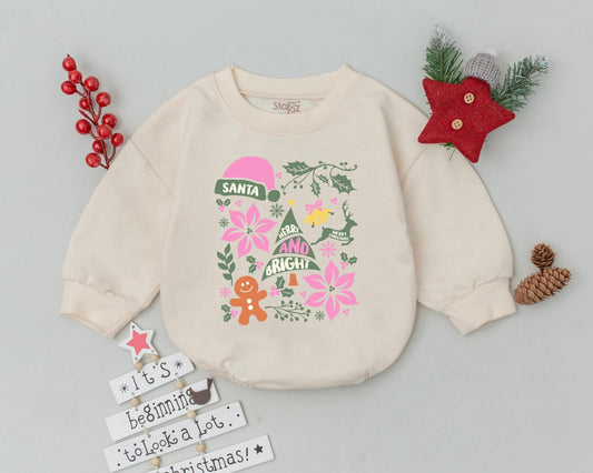 My First Christmas Bubble Romper Retro Baby Outfit Pink Santa Tree Design Merry Bright Holly Snowflake Gingerbread Holiday Gift