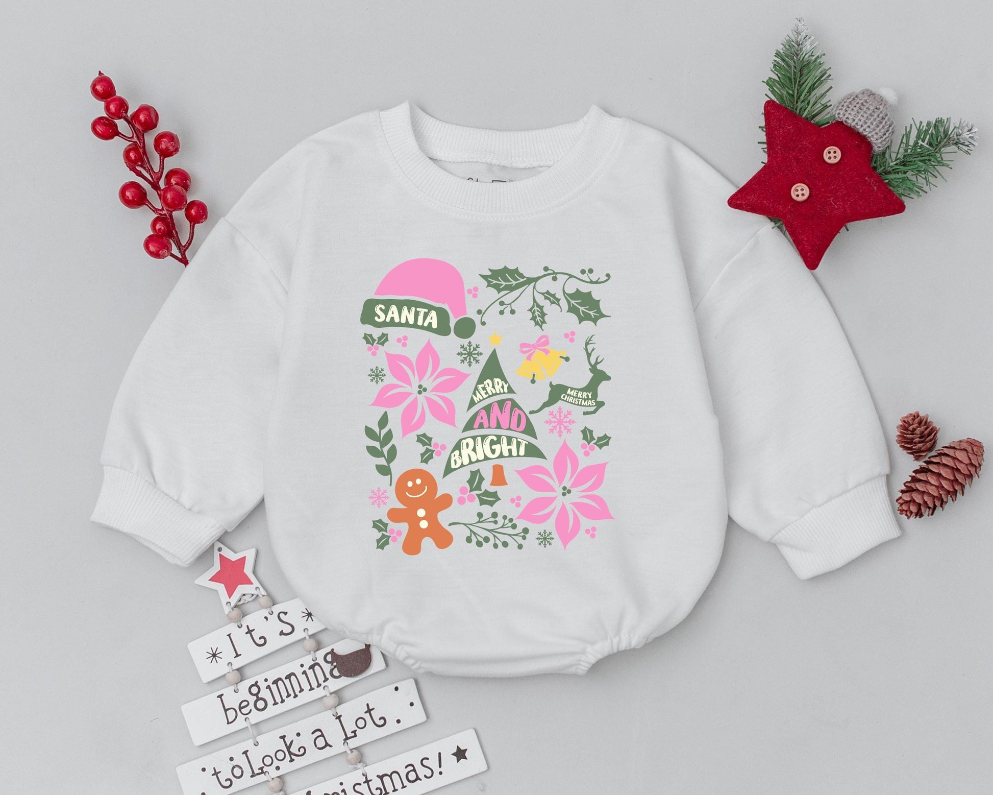 My First Christmas Bubble Romper Retro Baby Outfit Pink Santa Tree Design Merry Bright Holly Snowflake Gingerbread Holiday Gift
