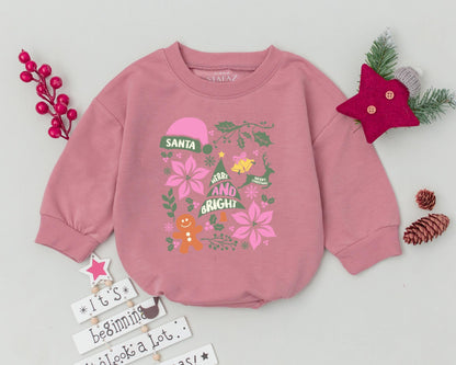 My First Christmas Bubble Romper Retro Baby Outfit Pink Santa Tree Design Merry Bright Holly Snowflake Gingerbread Holiday Gift