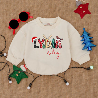 Custom Name Christmas Bodysuit Festive Holiday Print, Santa Hat Antlers Plaid Snowflakes Baby Romper Outfit, First Christmas Baby Shower Gift Clothes